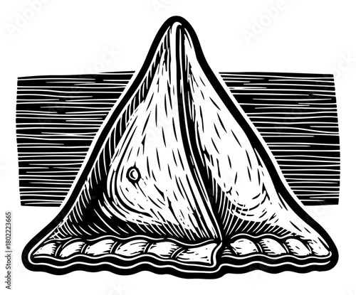 Samosa indian food in woodcut engraving style. Vintage vector illustration of traditional asian snack.