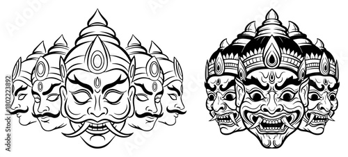 Ravana ten headed demon king mask vector set. Hindu mythology character from Ramayana epic illustration.