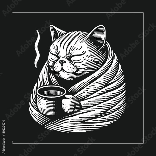 Cozy Cat Comfortably Wrapped in Blanket with Coffee Cup.