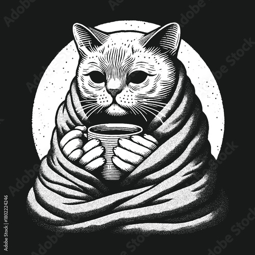 Cozy Cat Comfort: A Warm Embrace with a Cup of Tea.