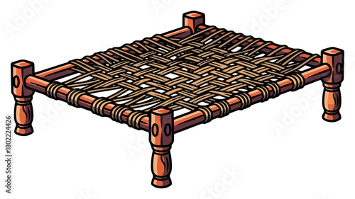 Traditional Indian Charpai Woven Rope Bed Wooden Cot Vector Illustration