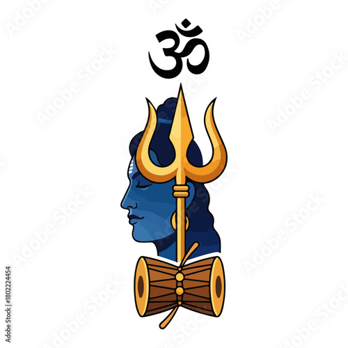 Lord Shiva Profile With Trishul Damru And Om Sacred Symbol Vector Emblem