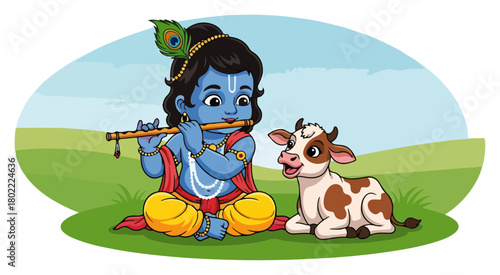 Cute Little Krishna Playing Flute with Calf Cartoon Vector Illustration for Janmashtami Festival