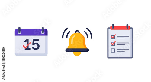 Flat style calendar, notification bell, and checklist icon set for reminder and task management