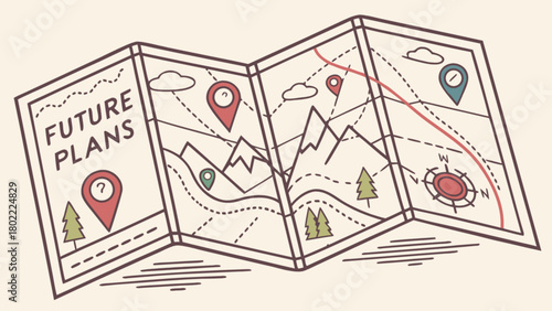 Folded map with future plans text and location markers indicating a journey or adventure route ahead