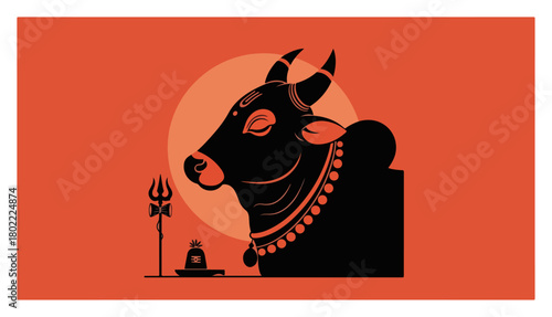 Nandi Bull with Shiva Lingam and Trishul Silhouette Sacred Hindu Symbol Vector Illustration