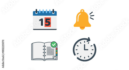 Colorful icon set: calendar, bell, notebook, and clock for digital and print use