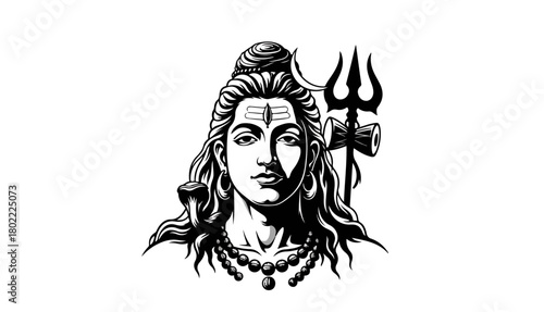 Lord Shiva portrait with Trishula vector illustration. Mahadev Hindu god black and white art.