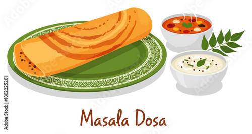 Traditional Indian Cuisine Masala Dosa with Sambar and Chutney Vector Illustration