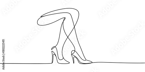Minimal continuous-line drawing of crossed legs wearing high heels, perfect for fashion themes, style concepts, elegance design, and modern artwork.