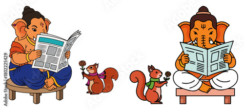 Lord Ganesha reading a newspaper with cute squirrel. Funny Hindu god cartoon character set vector illustration.