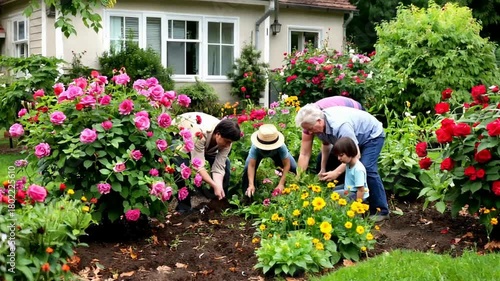 Family and friends working together in a beautiful garden, planting flowers and tending to the plants on a sunny day.