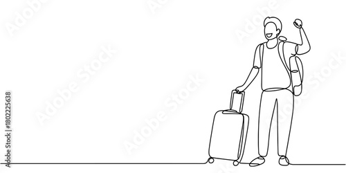 a cheerful traveler holding luggage, ideal for concepts of tourism, vacation planning, adventure, and modern travel.