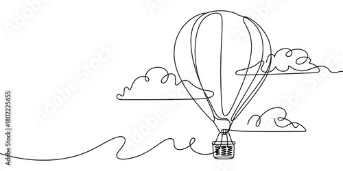 a hot air balloon floating among clouds, symbolizing travel, freedom, adventure, and peaceful exploration above the sky.