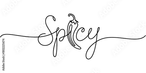 Minimal continuous-line drawing featuring the word “spicy” integrated with a chili pepper, symbolizing heat, flavor, and bold culinary style.