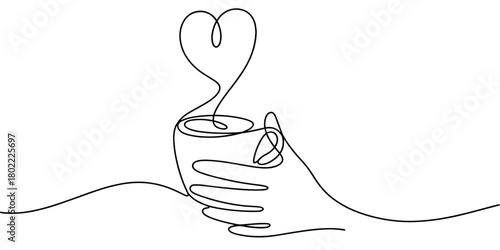 a hand holding a warm coffee cup with heart-shaped steam, symbolizing love, comfort, relaxation, and cozy moments