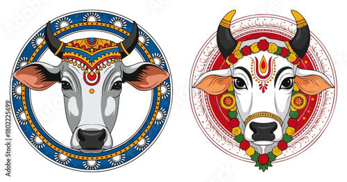 Indian Sacred Cow Head Vector Set Decorated for Pongal Festival