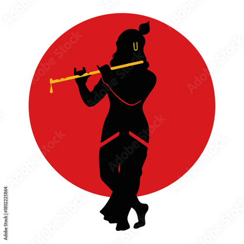 Lord Krishna Playing Flute Silhouette In Red Sun Circle Minimal Vector Emblem
