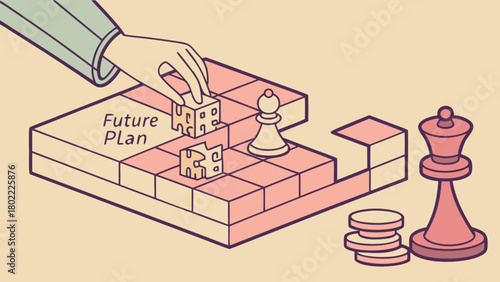 Hand placing cube on future plan board with chess pieces suggesting strategic planning process view