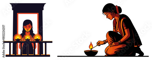 Indian Woman Lighting Diya Oil Lamps for Diwali Festival Vector Illustration Set