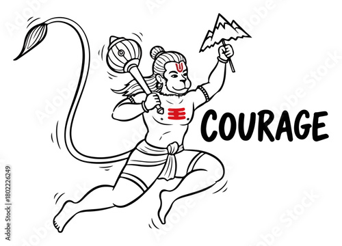 Flying Lord Hanuman Doodle with Courage Slogan Inspirational Hindu God Sketch