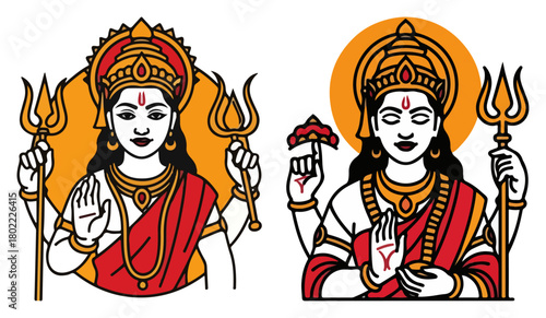 Hindu Goddess Durga Devi Vector Icon Set Divine Mother with Trident Illustration