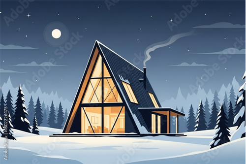 Cozy A-Frame Cabin in Winter Wonderland, Escape to Snowy Mountains, Warm Interior Glow, Peaceful Holiday Retreat, Serene Winter Night, Scandinavian Style