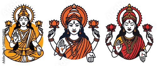 Goddess Lakshmi Vector Icon and Sticker Set for Diwali Festival