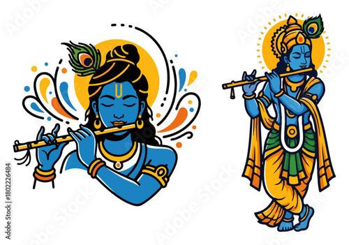 Lord Krishna Playing Flute Vector Illustration and Mascot Set for Janmashtami