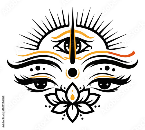 Third Eye Goddess Eyes With Lotus And Bindi Sacred Hindu Symbol Vector Illustration