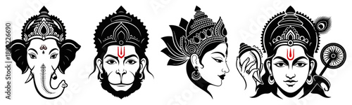 Hindu Deity Heads Set Ganesha Hanuman Shiva And Krishna Vector Icons