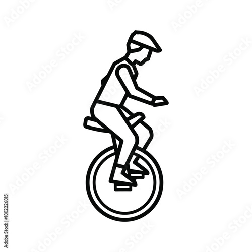 Unicycle rider with helmet icon, outlining the sport of unicycling, balance, recreation, and fun line art illustration.