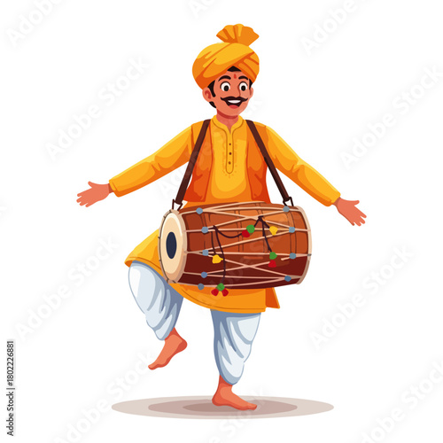 Indian Man Playing Dhol Drum and Dancing Bhangra Vector Illustration for Baisakhi Festival