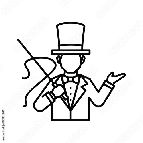 Elegant magician or ringmaster in a classic top hat, suit, and bow tie, holding a whip, performing a show, line art vector icon