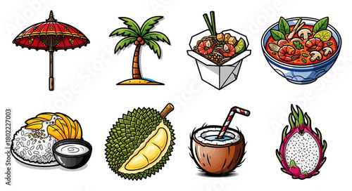 Thailand Travel and Food Icon Set Vector Cartoon Illustration