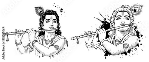 Lord Krishna Playing Flute Portrait Set Line Art Vector Illustrations With Peacock Feather