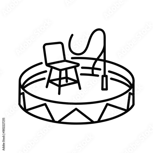 Circus ring outline icon with a chair and whip, symbolizing animal training, performance, and showmanship on stage.