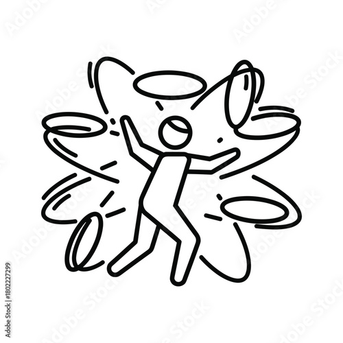 Abstract line icon of a person surrounded by chaotic swirling elements, symbolizing stress, problem-solving, or mental overload.