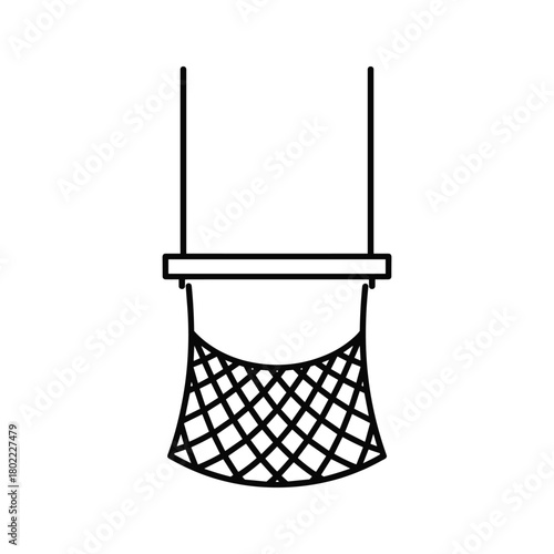 Minimalist line art illustration of a circus trapeze catch net hanging below a performance bar, isolated safety