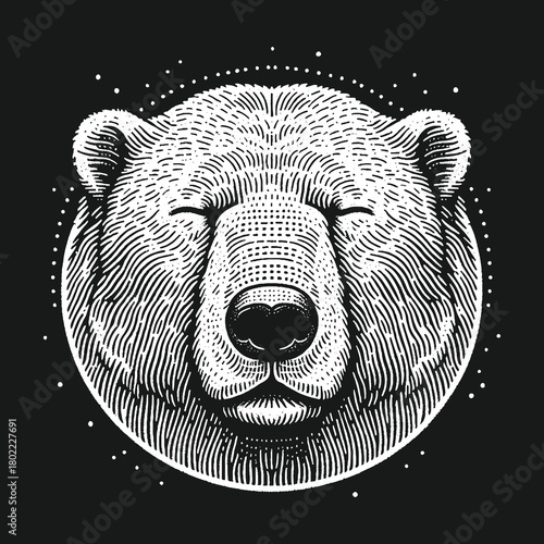 Intricate Bear Portrait with Closed Eyes and Detailed Engraving.