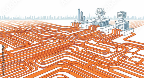 An illustration depicting interconnected buildings and pipes, symbolizing complex systems and networks within urban infrastructure and industrial processes.