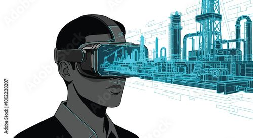 A person wearing virtual reality glasses is immersed in a digital representation of an industrial facility, highlighting the use of technology in industry.
