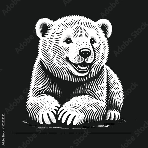 Adorable bear cub illustration detailed monochrome artwork black background.