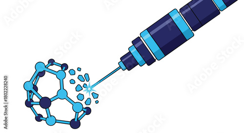 A blue laser is shown targeting and breaking apart a molecular structure, illustrating scientific research and technological advancement with precision and innovation.
