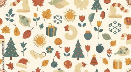 Seamless pattern with christmas trees snowflakes suns leaves gifts and other winter and autumn elements in a soft color palette creating a festive and cozy seasonal background 199