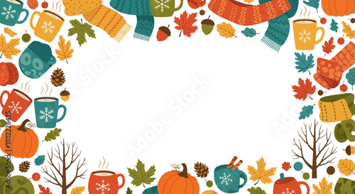 Cozy autumn frame with pumpkins scarves leaves and mugs of warm drinks creating a festive seasonal border for invitations cards and designs with a comforting and inviting atmosphere