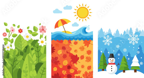 Four seasons illustration showing spring flowers summer beach autumn leaves and winter snowman in a flat vector style representing the cycle of the year and changing weather patterns