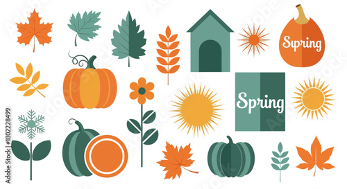 Seasonal icons representing autumn spring and winter with pumpkins leaves suns and a dog house in a flat design style perfect for educational materials and decorations