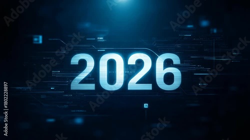 Futuristic digital display of the year 2026 with blue neon lights