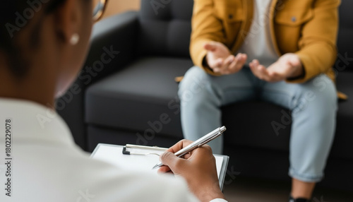 Therapist taking notes during a professional counseling session with a client. Focus on mental health, support, listening, and communication